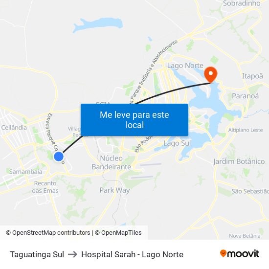 Taguatinga Sul to Hospital Sarah - Lago Norte map