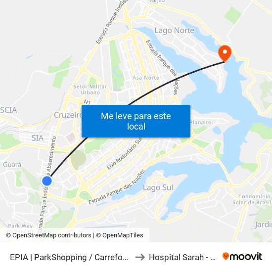 Epia Sul | Parkshopping (Linhas Do Entorno) to Hospital Sarah - Lago Norte map