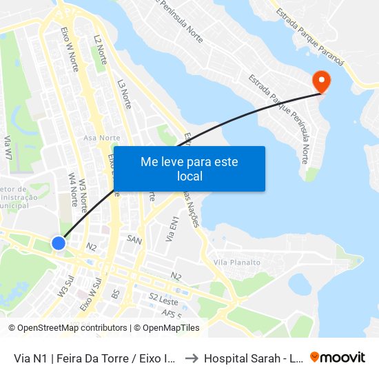 Via N1 | Feira Da Torre / Eixo Ibero-Americano to Hospital Sarah - Lago Norte map