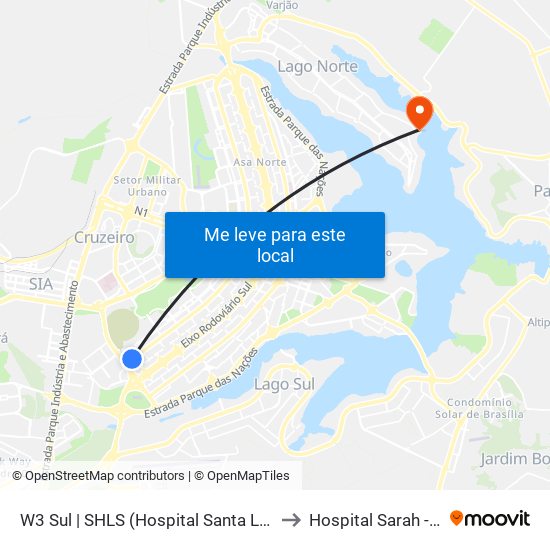 W3 Sul | Setor Hospitalar Local Sul (Pão De Açúcar) to Hospital Sarah - Lago Norte map