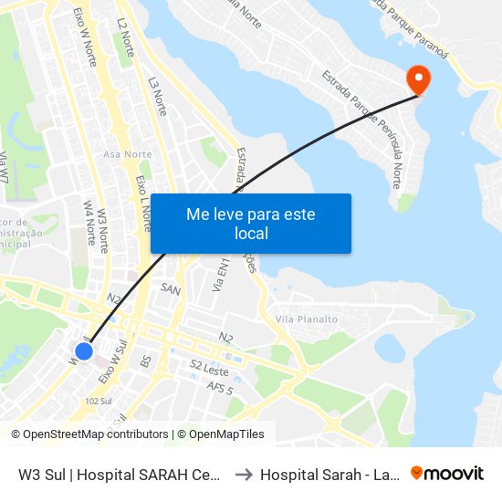 W3 Sul | Hospital Sarah / SRTVS to Hospital Sarah - Lago Norte map