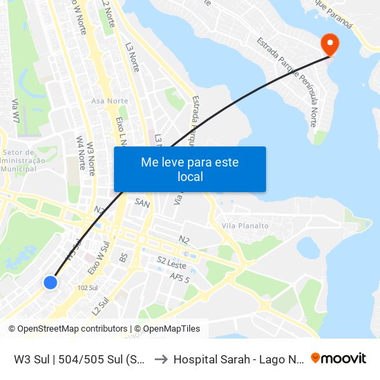 W3 Sul | 504/505 Sul (Sesc) to Hospital Sarah - Lago Norte map
