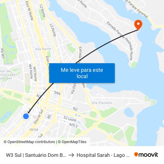 W3 Sul | Santuário Dom Bosco to Hospital Sarah - Lago Norte map