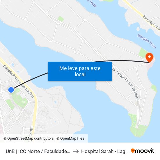 Unb | Icc Norte / Faculdade De Direito to Hospital Sarah - Lago Norte map