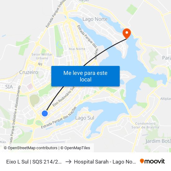 Eixo L Sul | Sqs 214/215 to Hospital Sarah - Lago Norte map