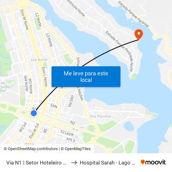 Via N1 | Setor Hoteleiro Norte to Hospital Sarah - Lago Norte map