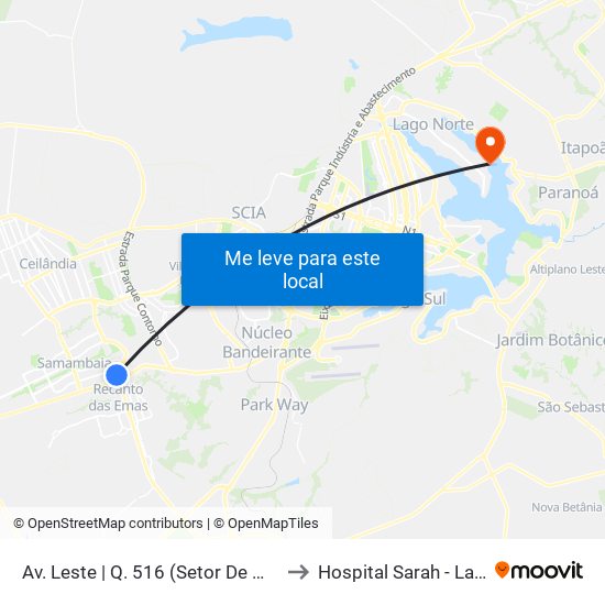 Av. Leste | Q. 516 (Setor De Mansões Q. 5) to Hospital Sarah - Lago Norte map