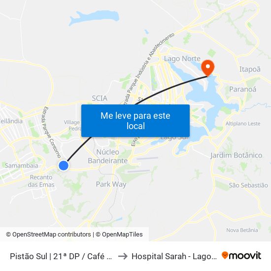 Pistão Sul | Qs 9 (21ª Dp / Café Do Sítio) to Hospital Sarah - Lago Norte map
