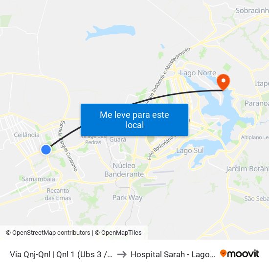 Via Qnj-Qnl | Qnl 1 (Ubs 3 / Ced 6) to Hospital Sarah - Lago Norte map