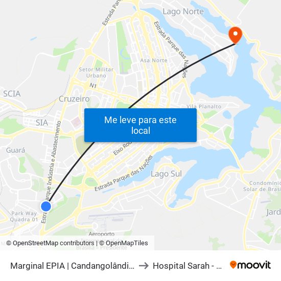 Marginal EPIA Sul | Candangolândia «Oposto» to Hospital Sarah - Lago Norte map