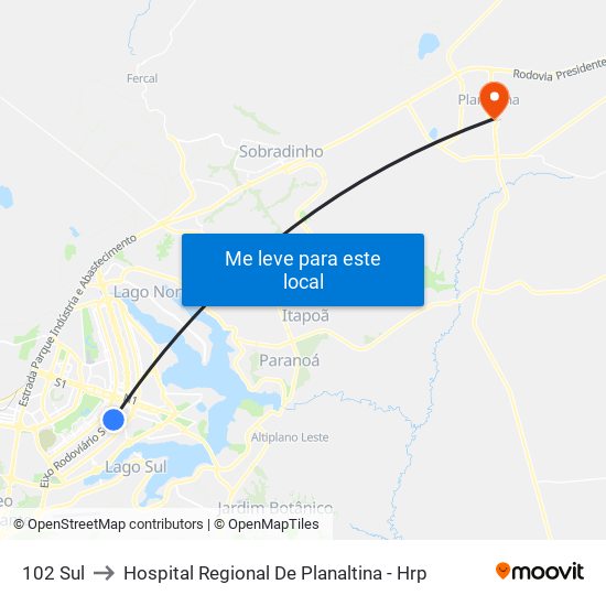 102 Sul to Hospital Regional De Planaltina - Hrp map