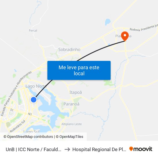 Unb | Icc Norte / Faculdade De Direito to Hospital Regional De Planaltina - Hrp map