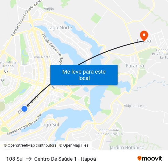 108 Sul to Centro De Saúde 1 - Itapoã map