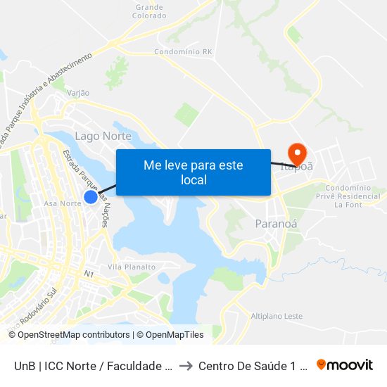 UnB | ICC Norte / Faculdade de Direito to Centro De Saúde 1 - Itapoã map