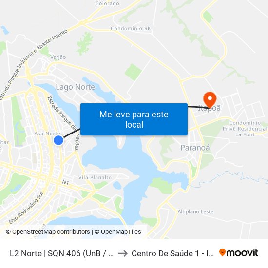 L2 Norte | Sqn 406 (Unb / Odonto Hub) to Centro De Saúde 1 - Itapoã map