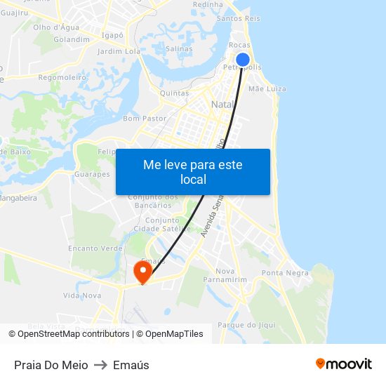 Praia Do Meio to Emaús map