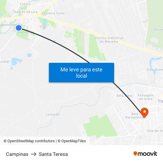 Campinas to Santa Teresa map