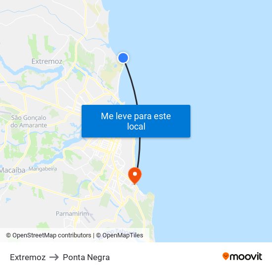 Extremoz to Ponta Negra map