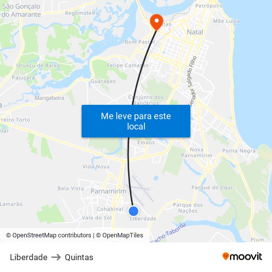 Liberdade to Quintas map