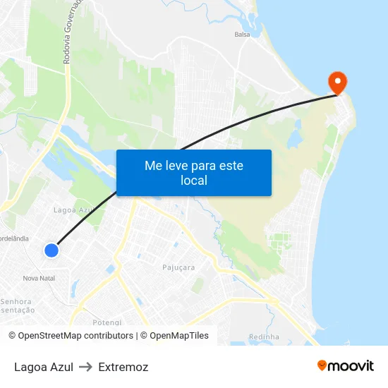 Lagoa Azul to Extremoz map