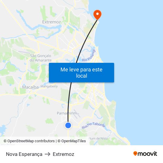 Nova Esperança to Extremoz map