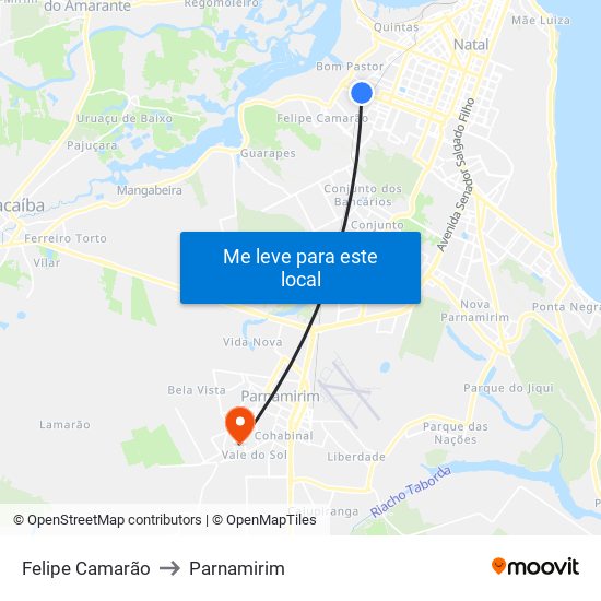 Felipe Camarão to Parnamirim map