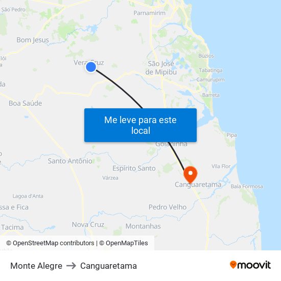 Monte Alegre to Canguaretama map