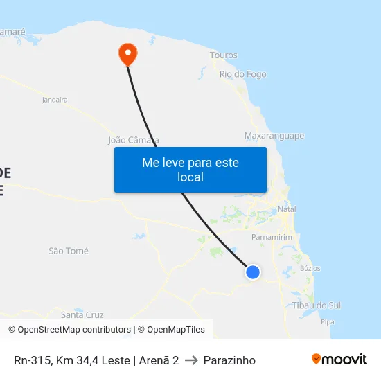 Rn-315, Km 34,4 Leste | Arenã 2 to Parazinho map