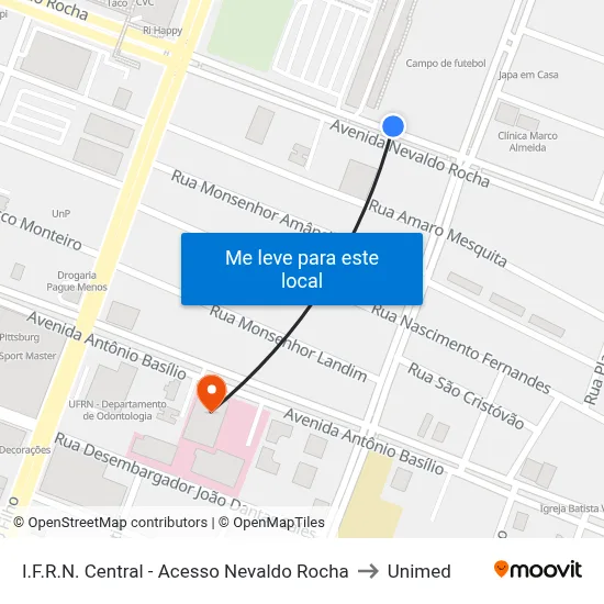 I.F.R.N. Central - Acesso Nevaldo Rocha to Unimed map