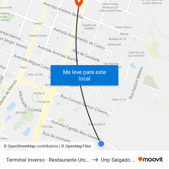 Terminal Inverso - Restaurante Universitário to Unp Salgado Filho map