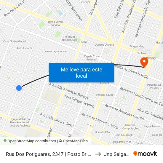 Rua Dos Potiguares, 2347 | Posto Br Mania Miguel Castro to Unp Salgado Filho map