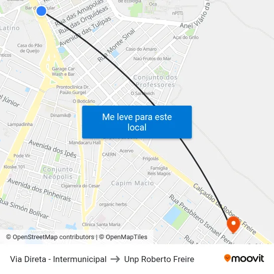 Via Direta - Intermunicipal to Unp Roberto Freire map