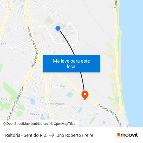 Reitoria - Sentido R.U. to Unp Roberto Freire map