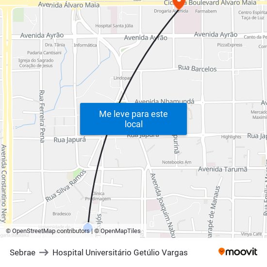 Sebrae to Hospital Universitário Getúlio Vargas map