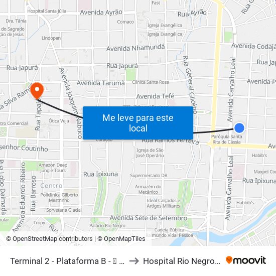 Terminal 2 - Plataforma B - ➑ Sentido Bairro to Hospital Rio Negro (Hapvida) map