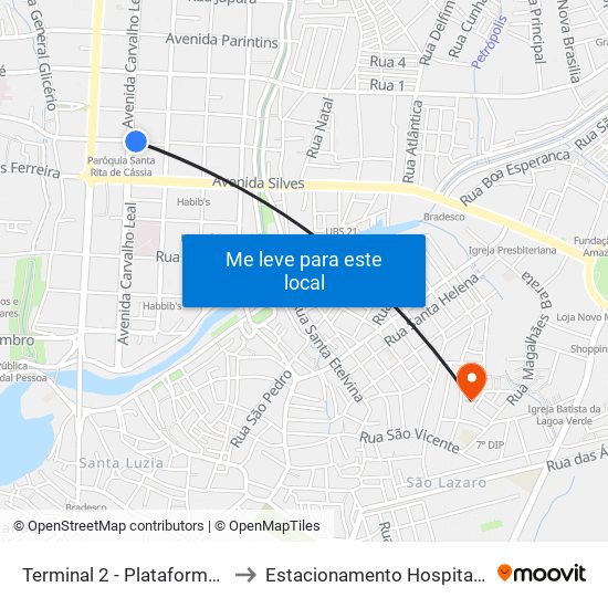 Terminal 2 - Plataforma B - ➓ Sentido Distrito to Estacionamento Hospital Adventista de Manaus map