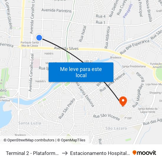 Terminal 2 - Plataforma B - ➐ Sentido Bairro to Estacionamento Hospital Adventista de Manaus map