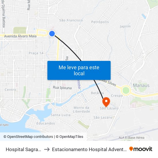 Hospital Sagratcor C/B to Estacionamento Hospital Adventista de Manaus map