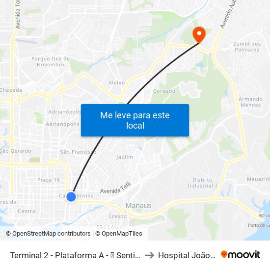 Terminal 2 - Plataforma A - ➋ Sentido Bairro to Hospital Joãozinho map