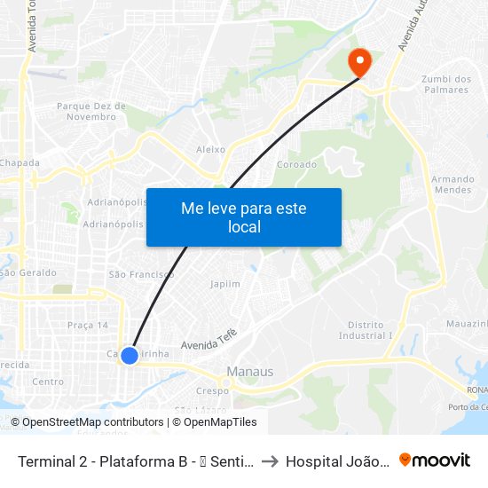 Terminal 2 - Plataforma B - ➒ Sentido Bairro to Hospital Joãozinho map
