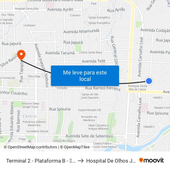 Terminal 2 - Plataforma B - ➏ Sentido Bairro to Hospital De Olhos Júlia Herrera map