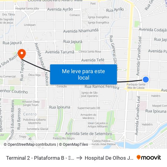 Terminal 2 - Plataforma B - ➐ Sentido Bairro to Hospital De Olhos Júlia Herrera map