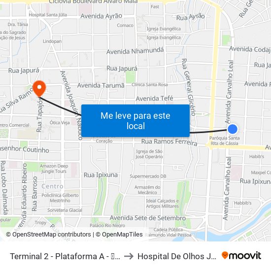 Terminal 2 - Plataforma A - ➋ Sentido Bairro to Hospital De Olhos Júlia Herrera map