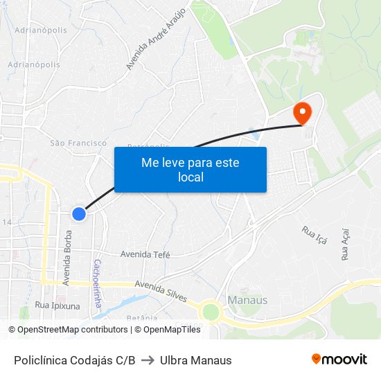 Policlínica Codajás C/B to Ulbra Manaus map