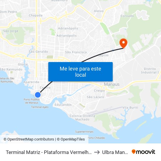 Terminal Matriz - Plataforma Vermelha (Sul) to Ulbra Manaus map