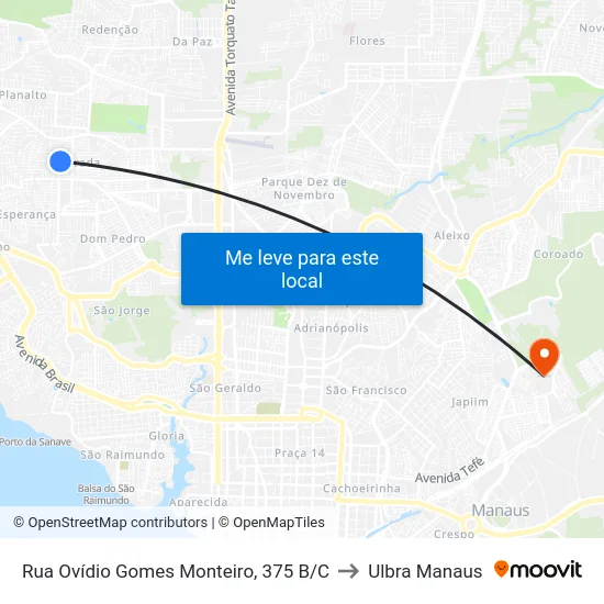 Rua Ovídio Gomes Monteiro, 375 B/C to Ulbra Manaus map