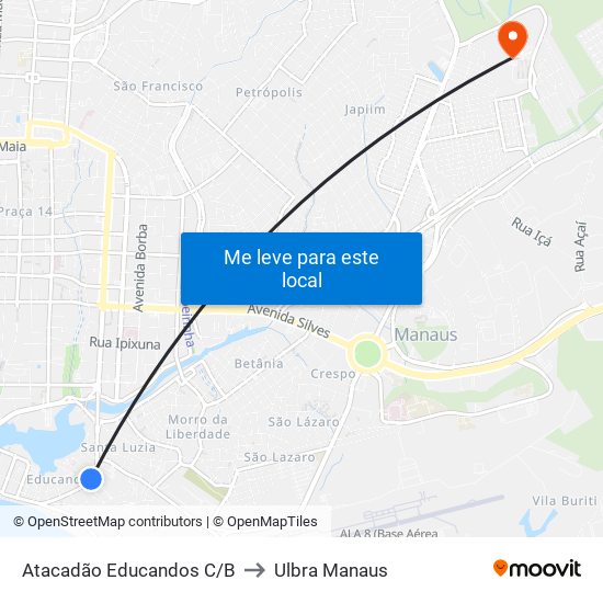 Atacadão Educandos C/B to Ulbra Manaus map