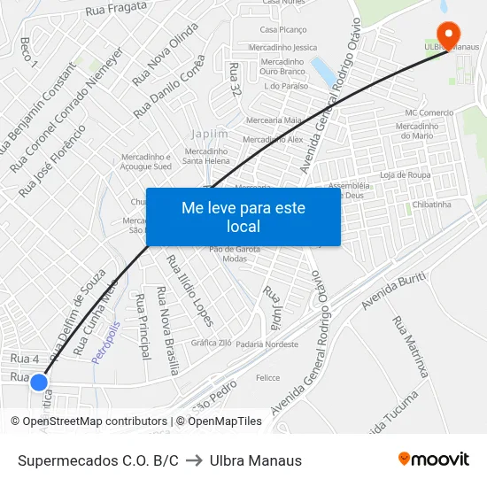 Supermecados C.O. B/C to Ulbra Manaus map