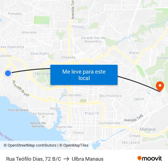 Rua Teófilo Dias, 72 B/C to Ulbra Manaus map