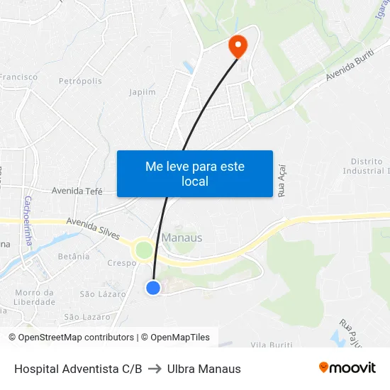 Hospital Adventista C/B to Ulbra Manaus map